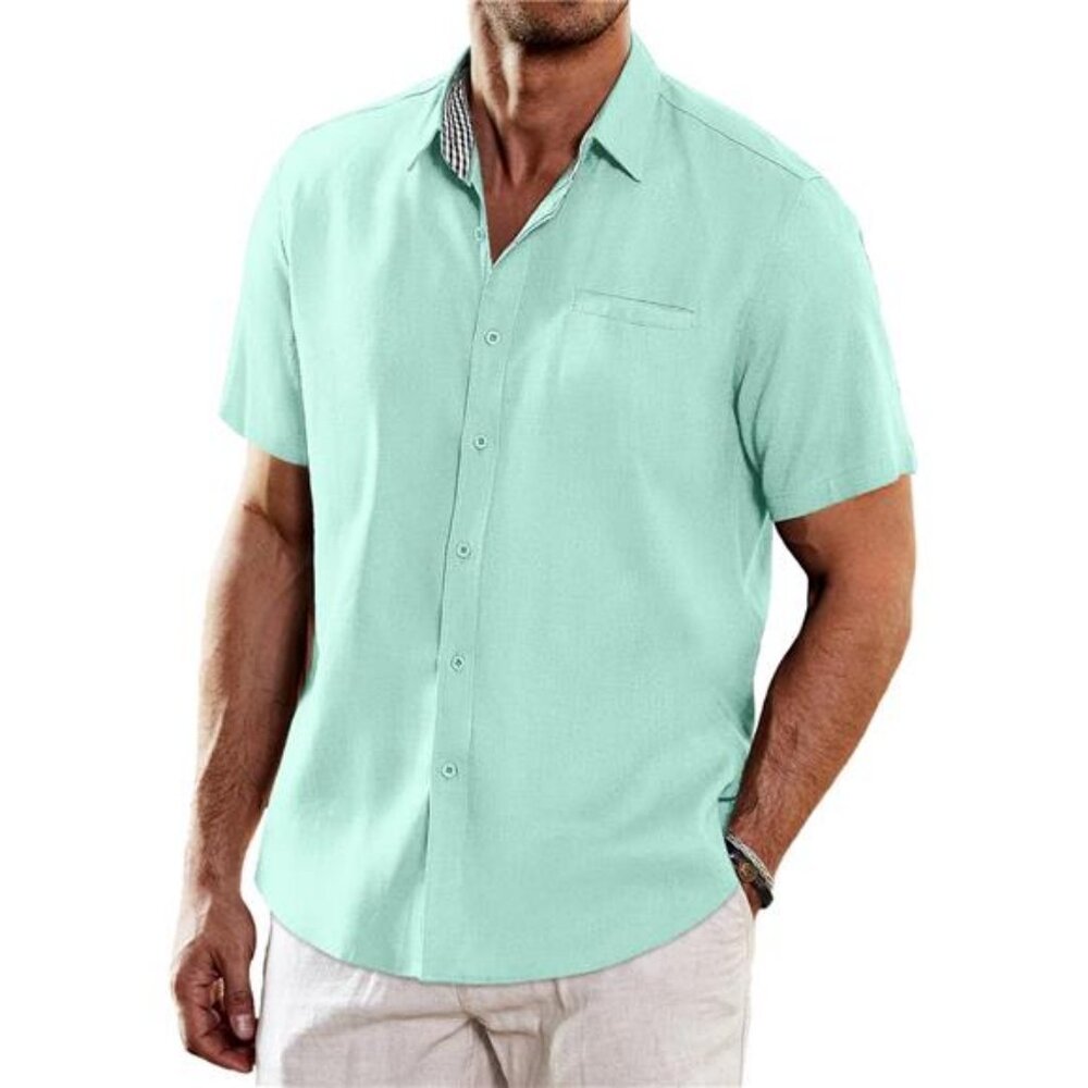 Men's Casual Linen Shirts Short Sleeve Button Down Shirt Summer Beach